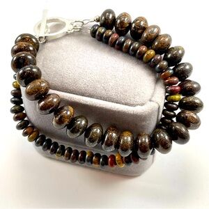 Natural Bronzite 925 Sterling Silver Bracelet Healing Crystal Duel Layer